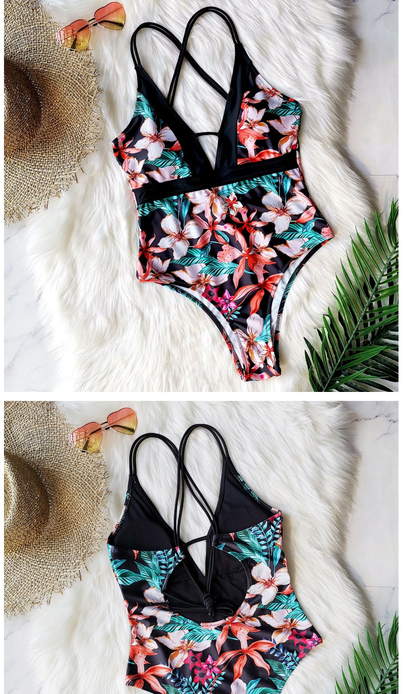 Fashion Green Leaves Flamingo Printed Backless Stitching One-piece Swimsuit,One Pieces