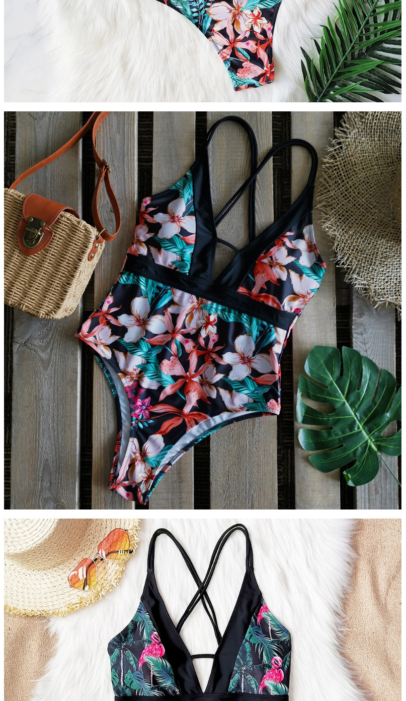 Fashion Green Leaf Pink Water Lily Printed Backless Stitching One-piece Swimsuit,One Pieces