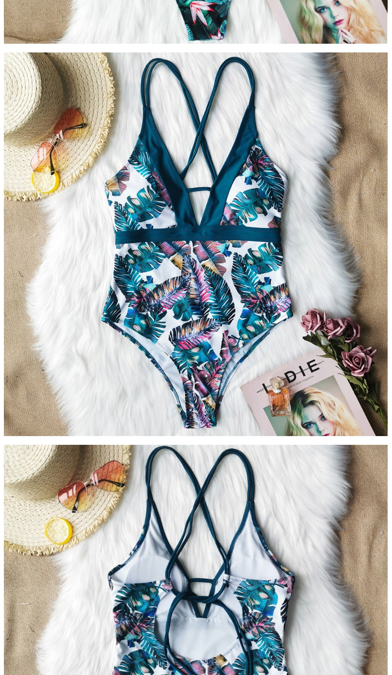 Fashion Palm Leaf On White Printed Backless Stitching One-piece Swimsuit,One Pieces