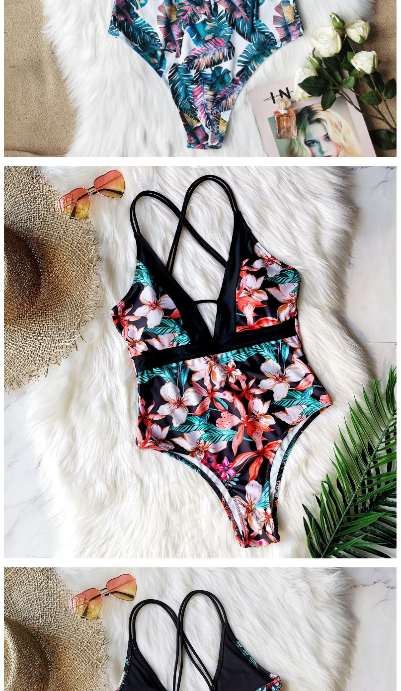 Fashion Orange Flower On Black Printed Backless Stitching One-piece Swimsuit,One Pieces