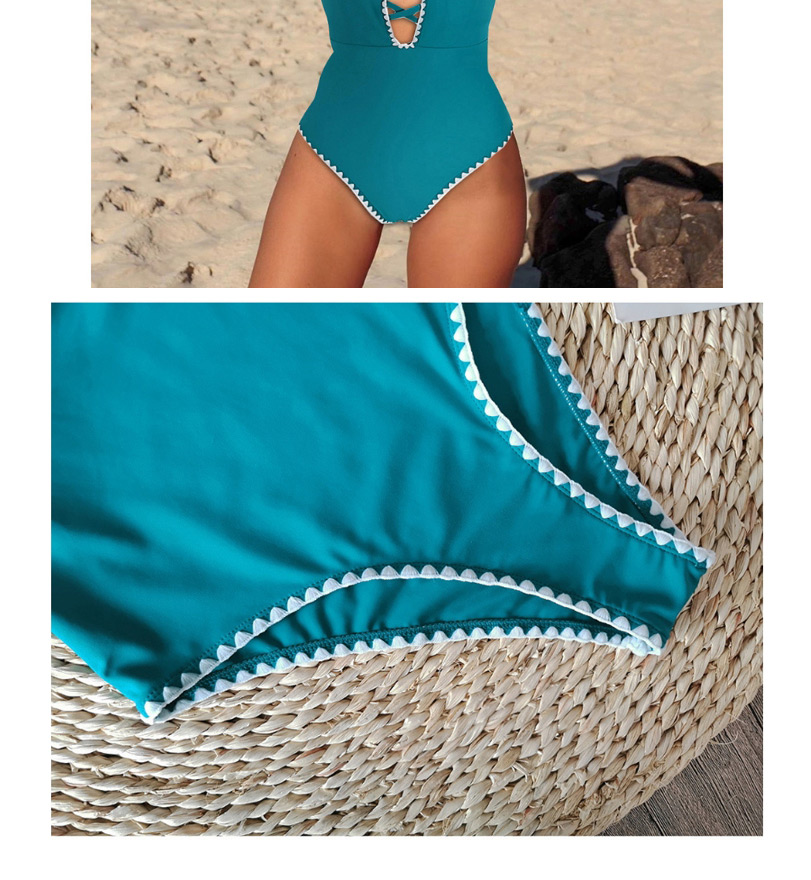 Fashion Blue Stitching Contrast Lace Openwork Triangle One-piece Swimsuit,One Pieces