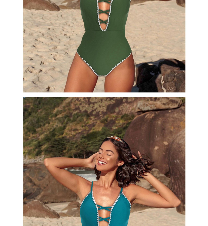Fashion Green Stitching Contrast Lace Openwork Triangle One-piece Swimsuit,One Pieces