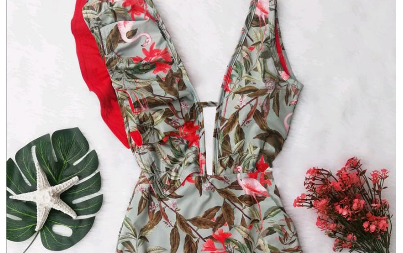 Fashion Dead Leaves Red Flower Flamingo Irregular Ruffled Deep V-neck Printed One-piece Swimsuit,One Pieces