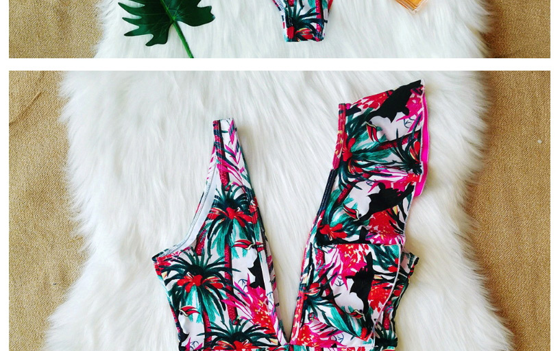 Fashion Dead Leaves Red Flower Flamingo Irregular Ruffled Deep V-neck Printed One-piece Swimsuit,One Pieces