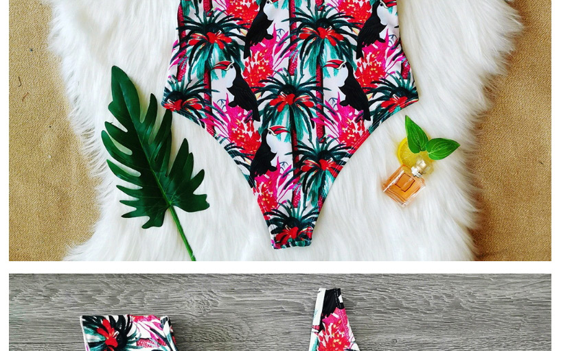 Fashion Coconut Toucan Irregular Ruffled Deep V-neck Printed One-piece Swimsuit,One Pieces