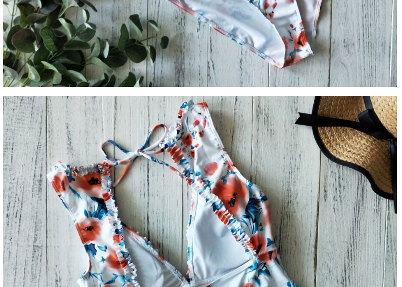 Fashion Printing On White Triangle One-piece Swimsuit With Lace Deep V Halter Print,One Pieces