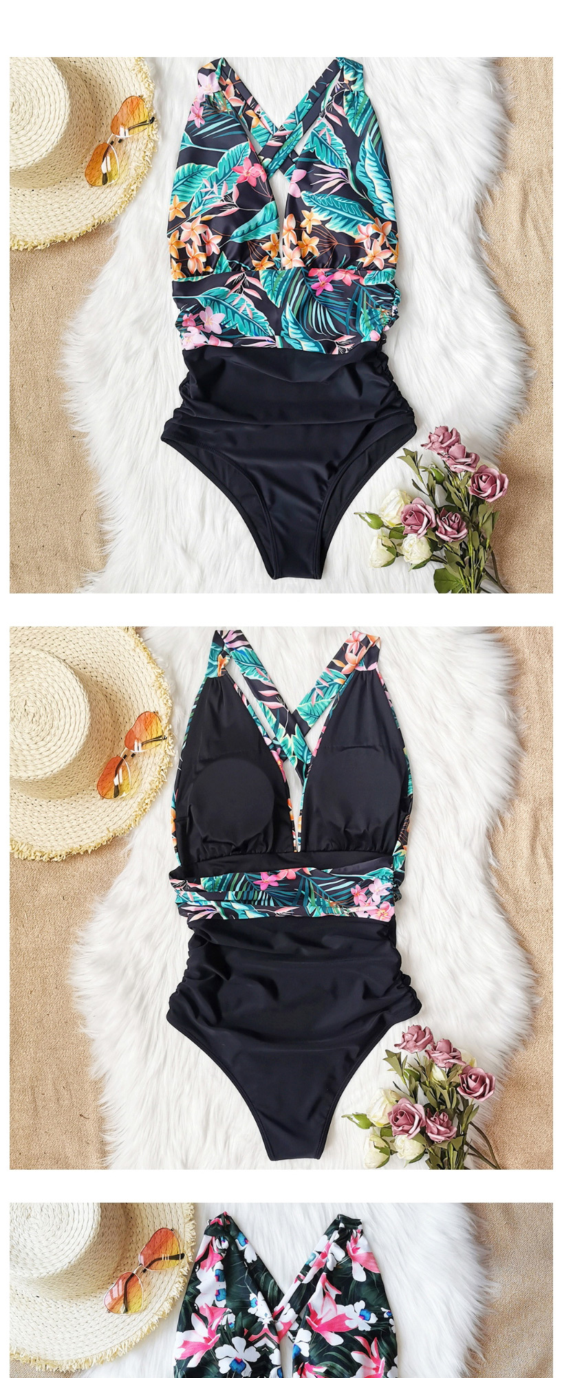 Fashion Green + Green Leaf Pink Flower Printed Pleated Leaky Triangle One-piece Swimsuit,One Pieces