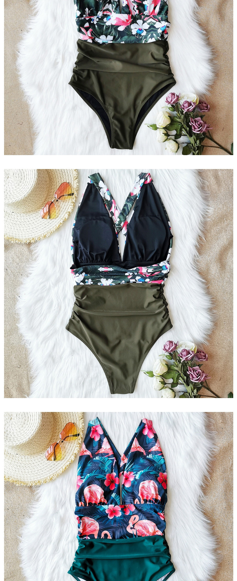Fashion Green + Green Leaves Flamingo (in Replenishment) Printed Pleated Leaky Triangle One-piece Swimsuit,One Pieces