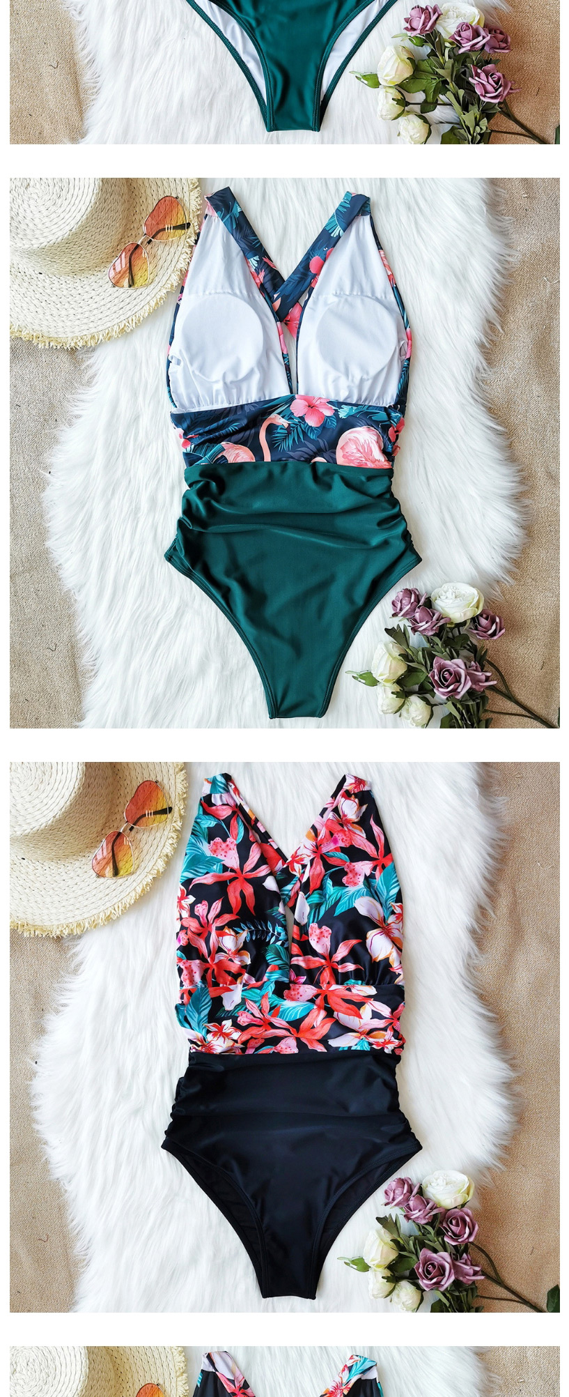 Fashion Leaf Pink Water Lily + Black Legs Printed Pleated Leaky Triangle One-piece Swimsuit,One Pieces