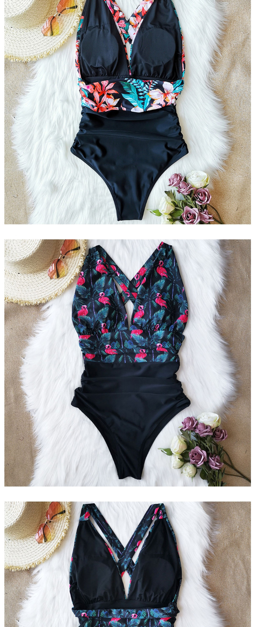 Fashion Green + Green Leaf Pink Flower Printed Pleated Leaky Triangle One-piece Swimsuit,One Pieces