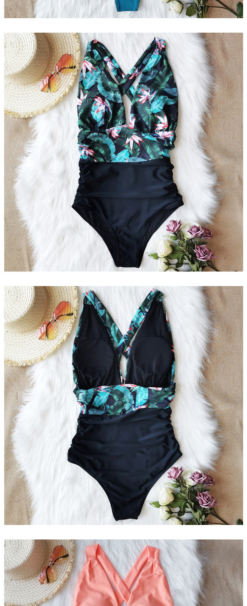 Fashion Black + Green Leaves Small Pink Yellow Flower Printed Pleated Leaky Triangle One-piece Swimsuit,One Pieces