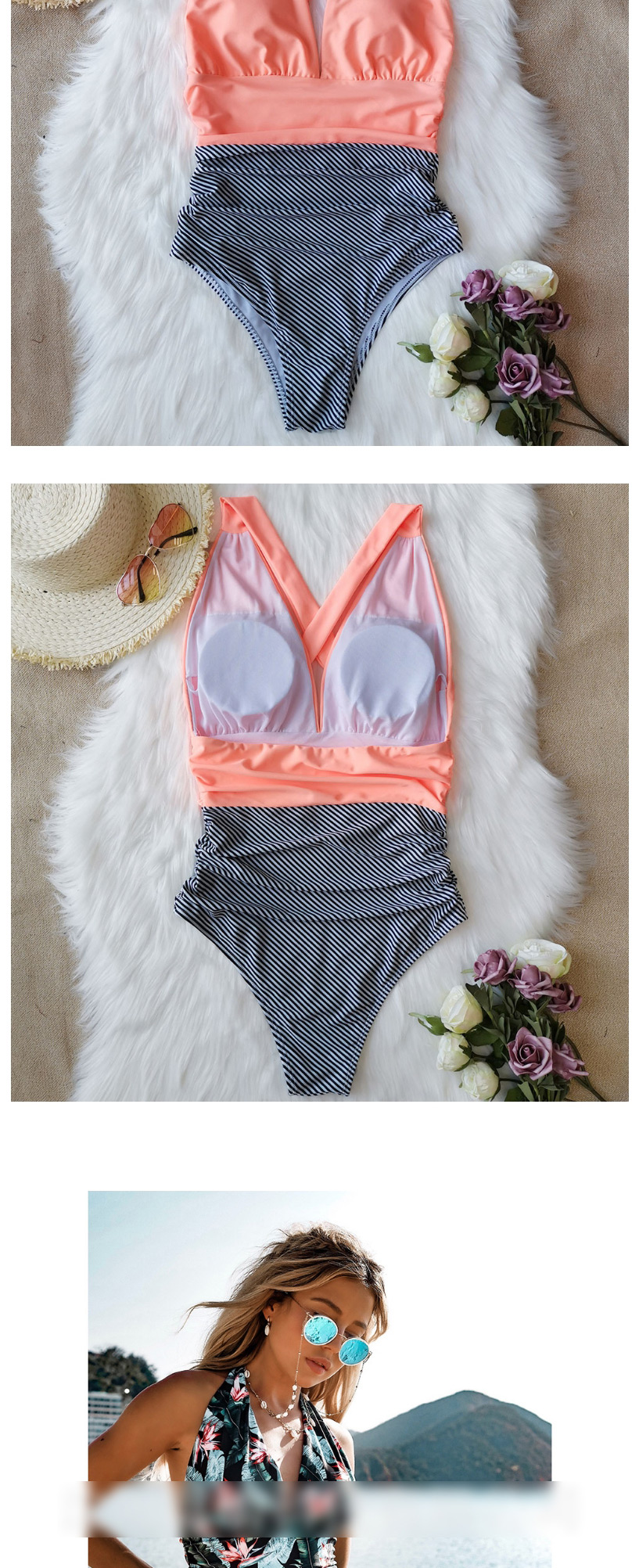 Fashion Pink + Diagonal Stripes (not Available For Short Sale) Printed Pleated Leaky Triangle One-piece Swimsuit,One Pieces