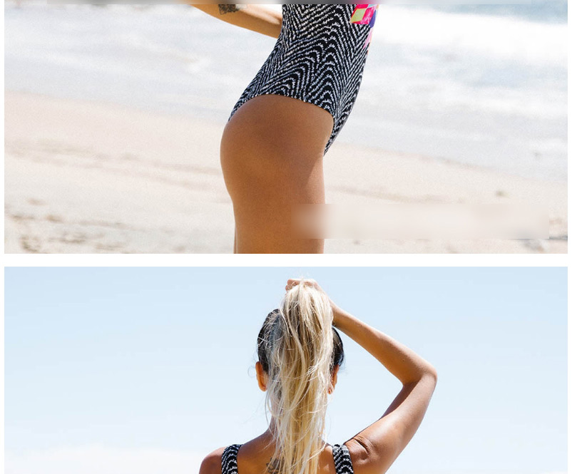 Fashion Black And White Ripple + Geometric Printing Striped Printed Geometric Swimsuit,One Pieces