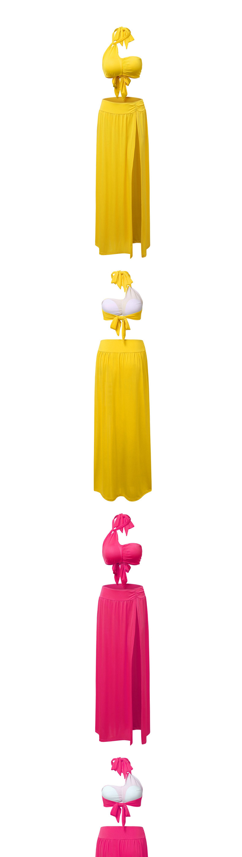 Fashion Yellow Hanging Neck Pleated High Waist Split Swimsuit Beach Skirt Two-piece Suit,Beach Dresses