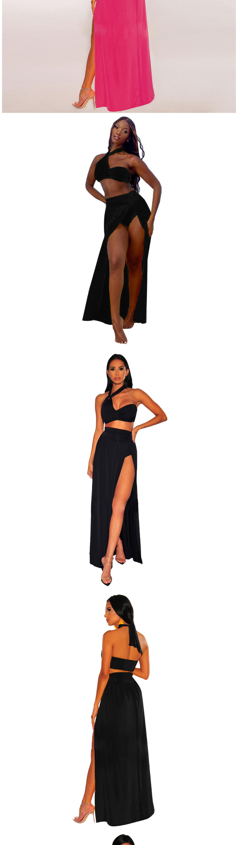 Fashion Black Hanging Neck Pleated High Waist Split Swimsuit Beach Skirt Two-piece Suit,Beach Dresses