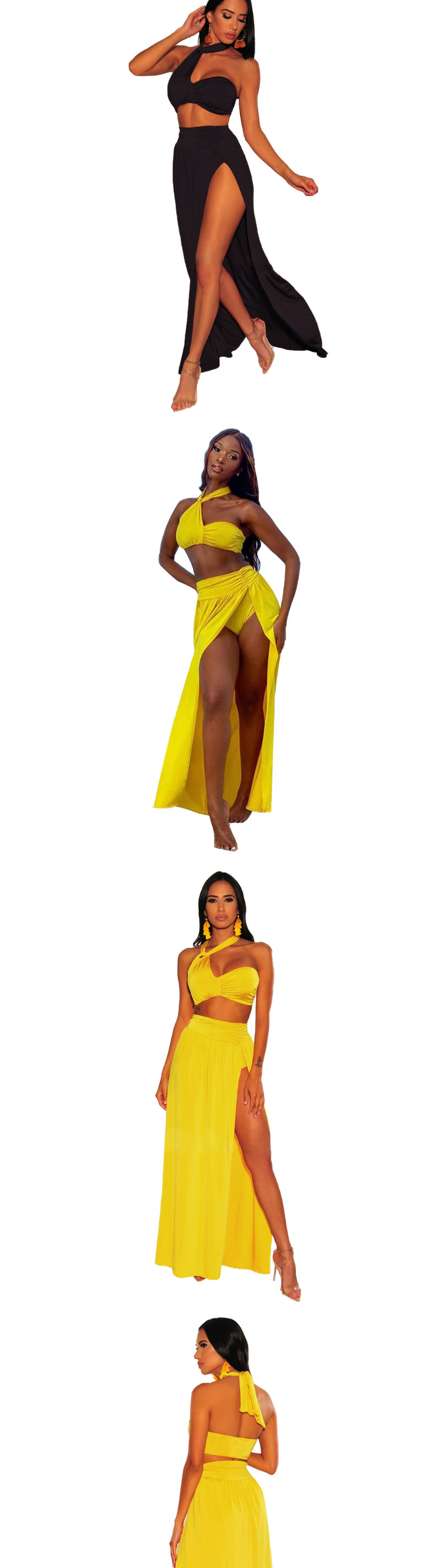 Fashion Yellow Hanging Neck Pleated High Waist Split Swimsuit Beach Skirt Two-piece Suit,Beach Dresses