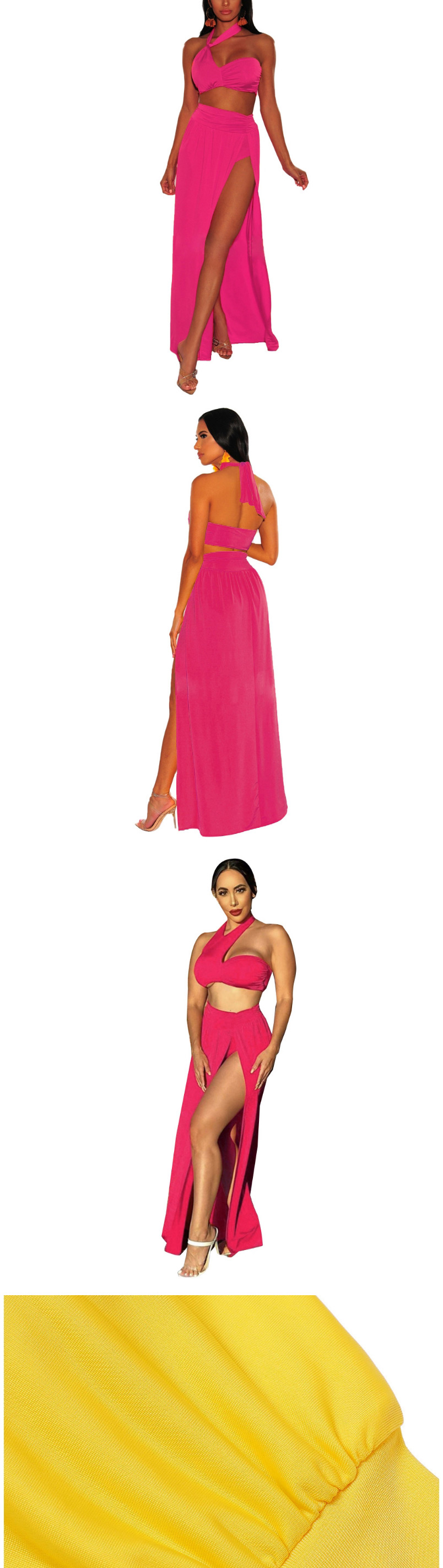 Fashion Rose Red Hanging Neck Pleated High Waist Split Swimsuit Beach Skirt Two-piece Suit,Beach Dresses