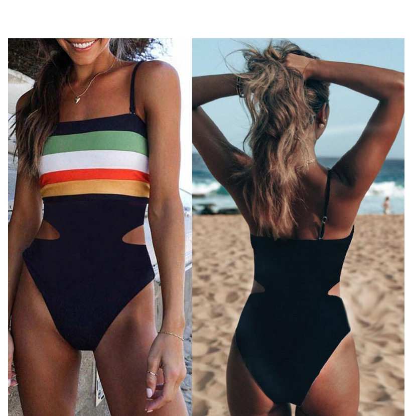 Fashion Black Sling-striped Contrast One-piece Swimsuit,One Pieces