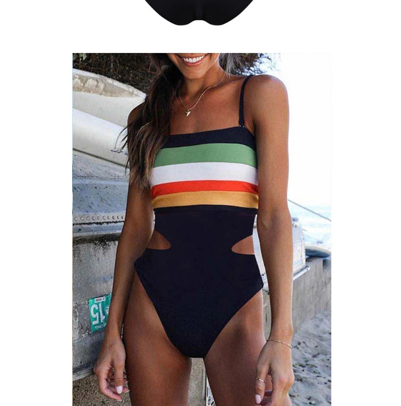 Fashion Black Sling-striped Contrast One-piece Swimsuit,One Pieces
