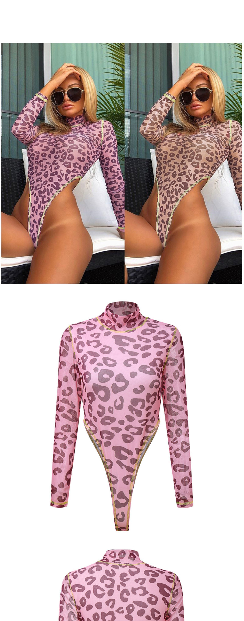 Fashion Rose Leopard Leopard Long Sleeve Mesh Swimsuit,One Pieces