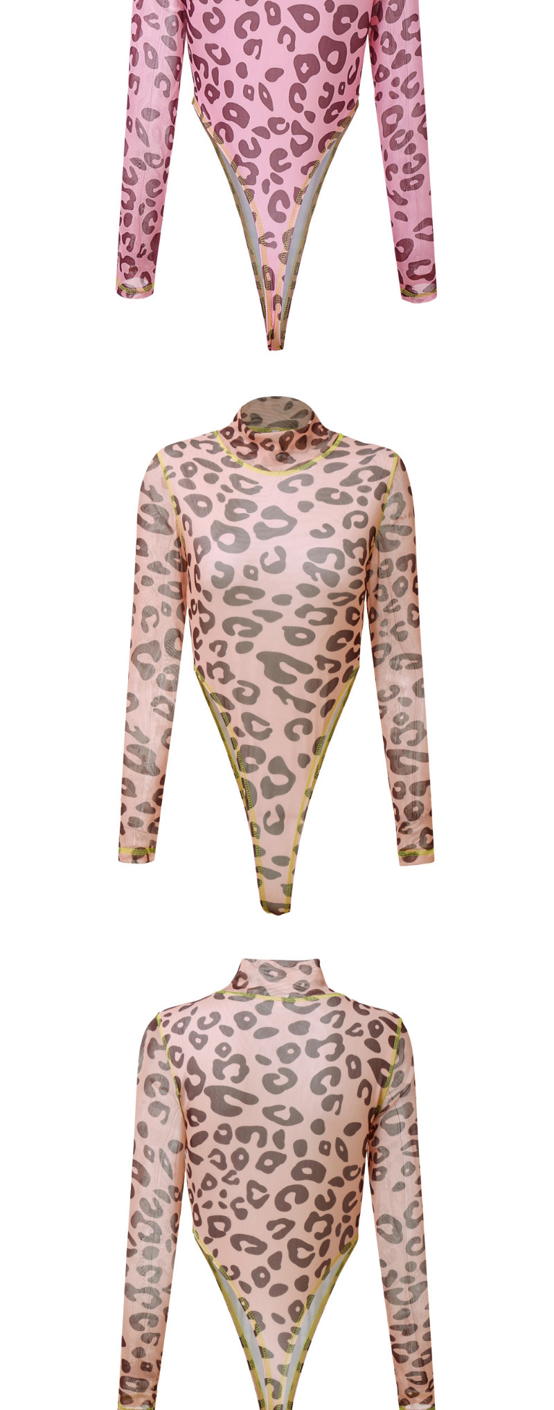 Fashion Khaki Leopard Leopard Long Sleeve Mesh Swimsuit,One Pieces