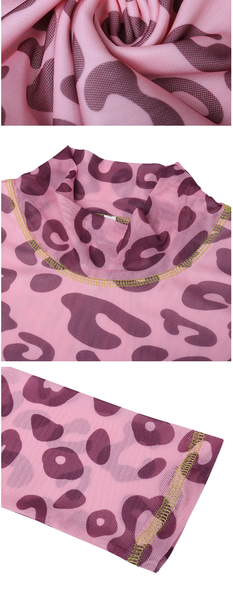 Fashion Khaki Leopard Leopard Long Sleeve Mesh Swimsuit,One Pieces