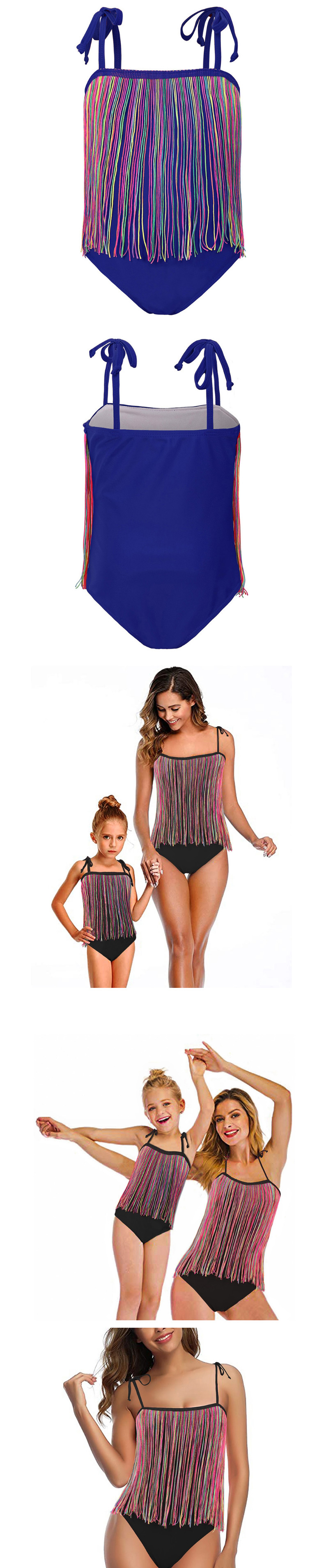 Fashion Ladies-blue Tassel Suspender One-piece Swimsuit Parent-child Outfit,One Pieces