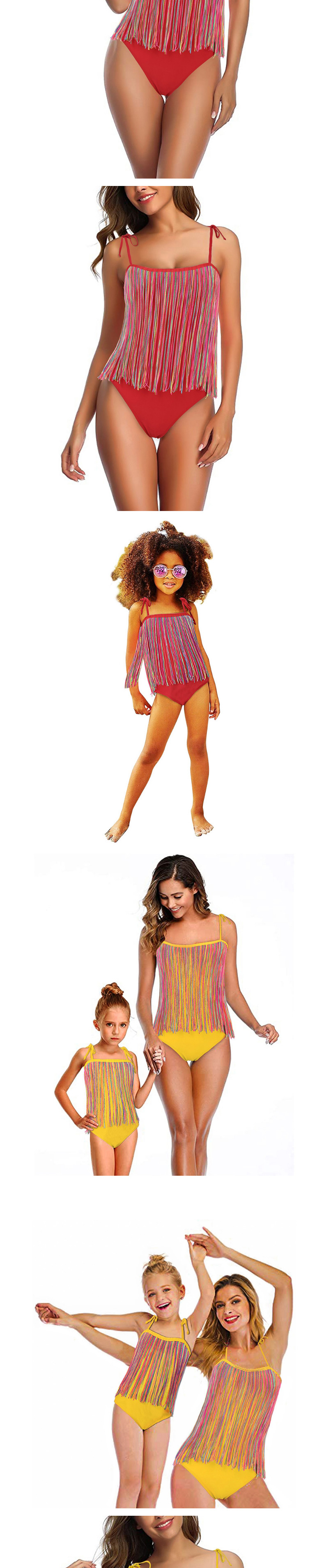Fashion Ladies-red Tassel Suspender One-piece Swimsuit Parent-child Outfit,One Pieces