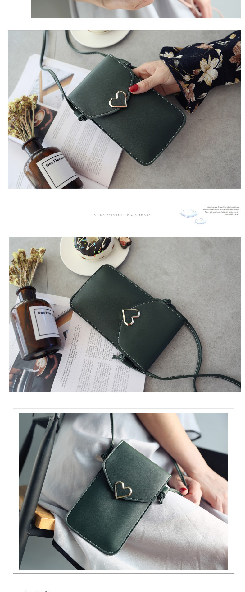 Fashion Dark Green Caring Metal Transparent Touch Screen Multifunctional Mobile Phone Bag,Shoulder bags