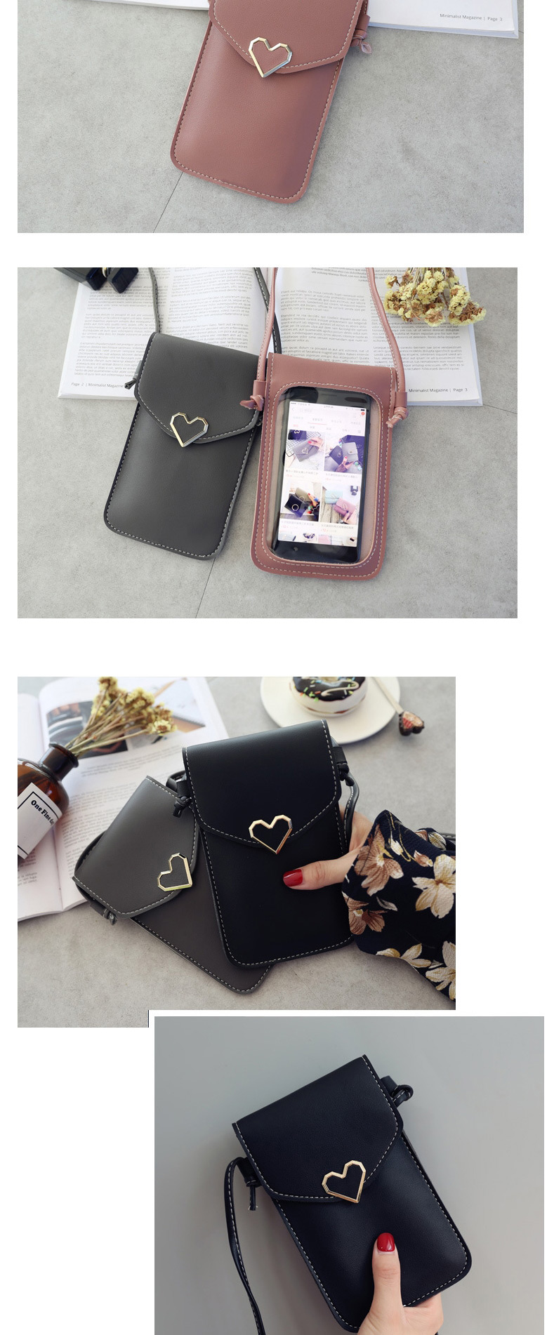 Fashion Light Grey Caring Metal Transparent Touch Screen Multifunctional Mobile Phone Bag,Shoulder bags
