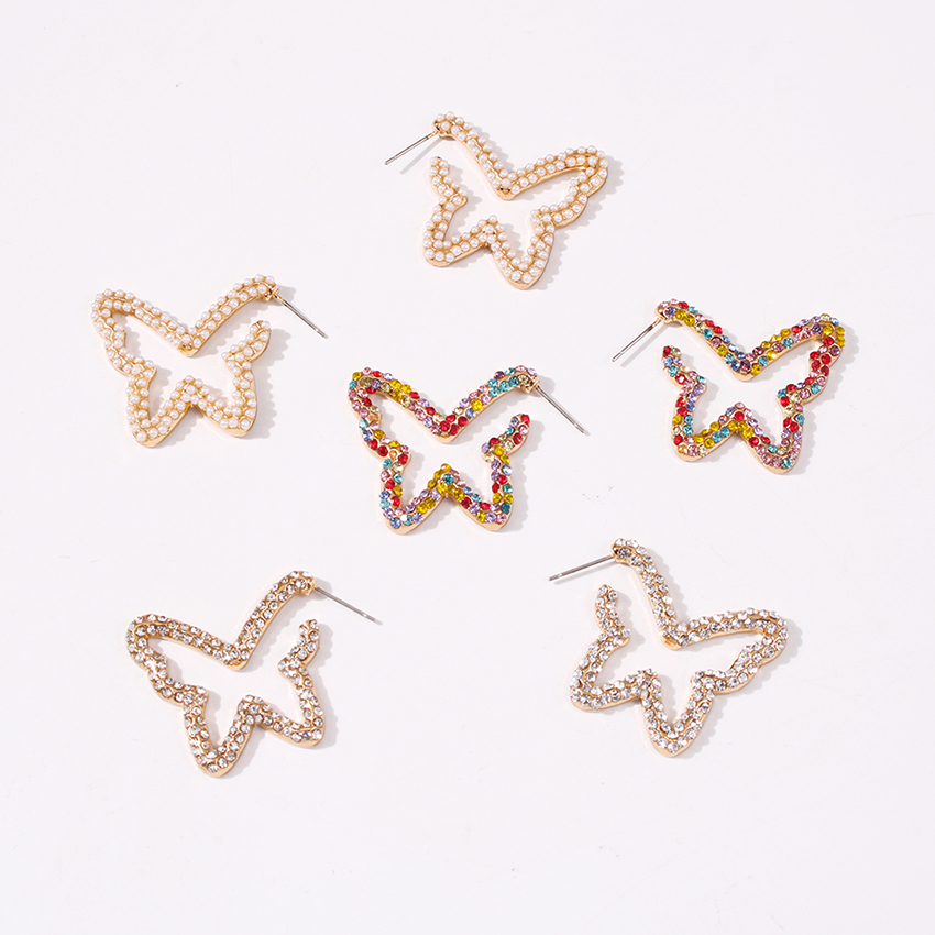 Fashion Pearl Diamond And Pearl Butterfly Hollow Alloy Earrings,Hoop Earrings