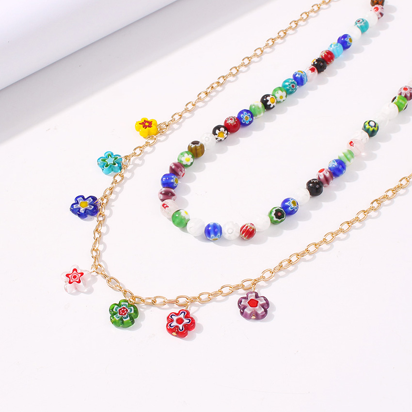 Fashion Color Flower Resin Bead Alloy Multilayer Necklace,Chains