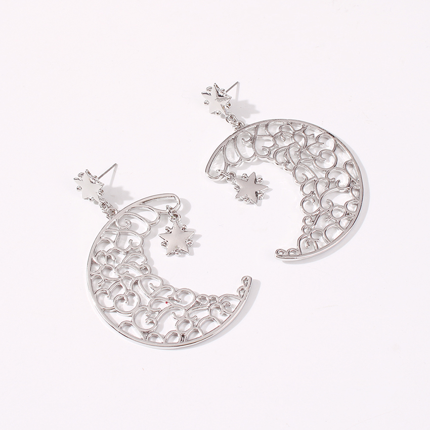 Fashion White K Pentagram Moon Hollow Alloy Earrings,Drop Earrings