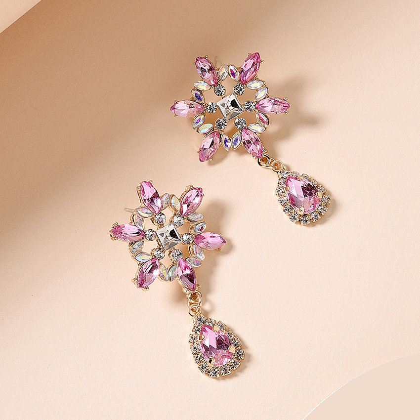 Fashion Purple Hollow Alloy Earrings With Rhinestone Flowers,Drop Earrings