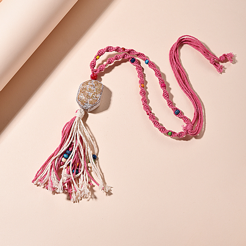 Fashion Khaki Natural Stone Woven Tassel Rope Necklace,Pendants