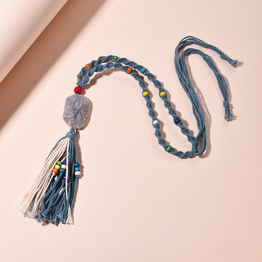 Fashion Blue Natural Stone Woven Tassel Rope Necklace,Pendants