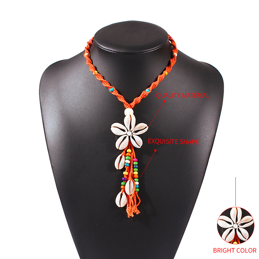 Fashion Rose Red Shell Flower Pearl Woven Rice Pearl Tassel Rope Necklace,Pendants