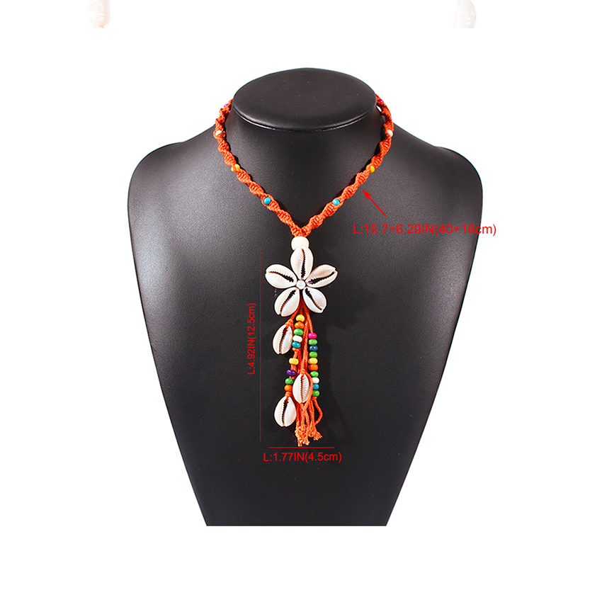 Fashion Rose Red Shell Flower Pearl Woven Rice Pearl Tassel Rope Necklace,Pendants