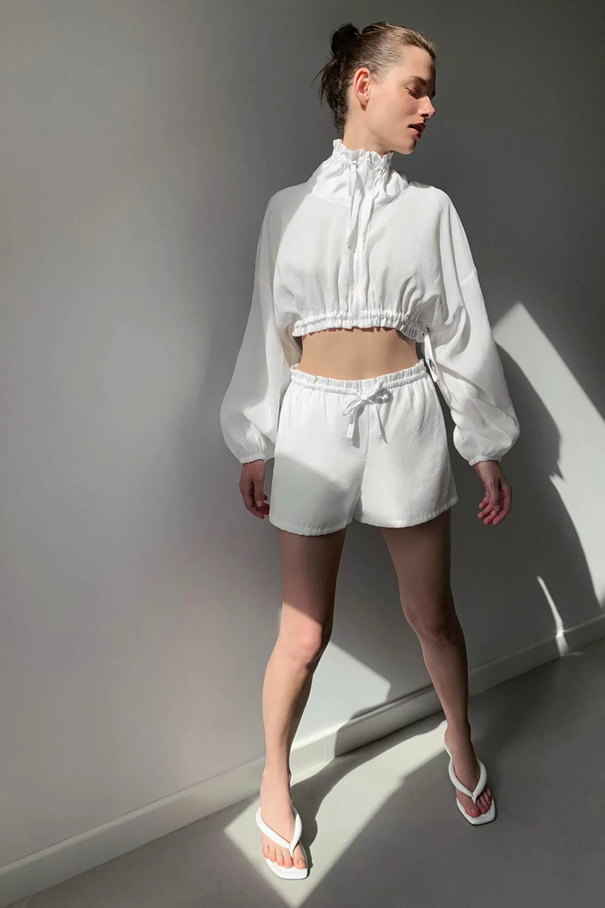 Fashion White Lace-up Elasticated Waist Shorts,Shorts