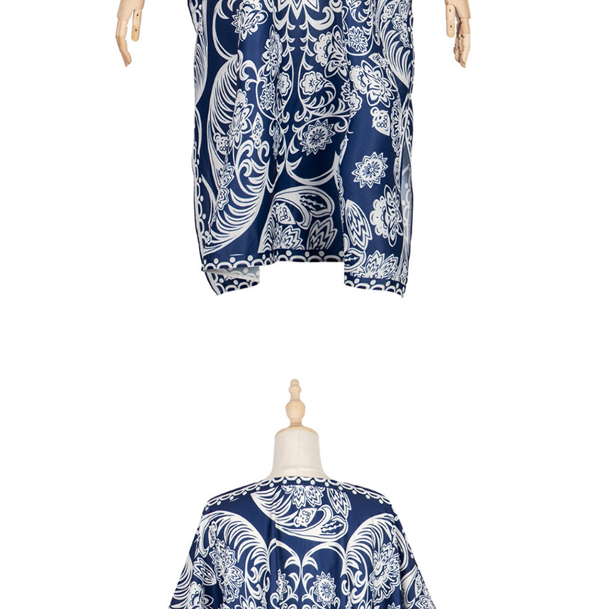 Fashion Navy Blue Printed Velvet Mid-length Bat Sleeve Sunscreen,Sunscreen Shirts