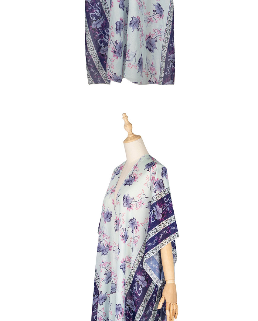 Fashion Violet Printed Chiffon Split Long Shawl Cardigan,Sunscreen Shirts