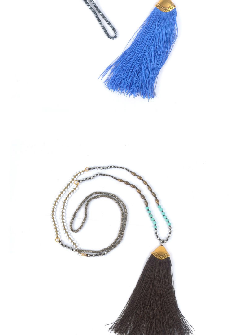 Fashion Royal Blue Tassel Crystal Handmade Beaded Long Necklace,Beaded Necklaces