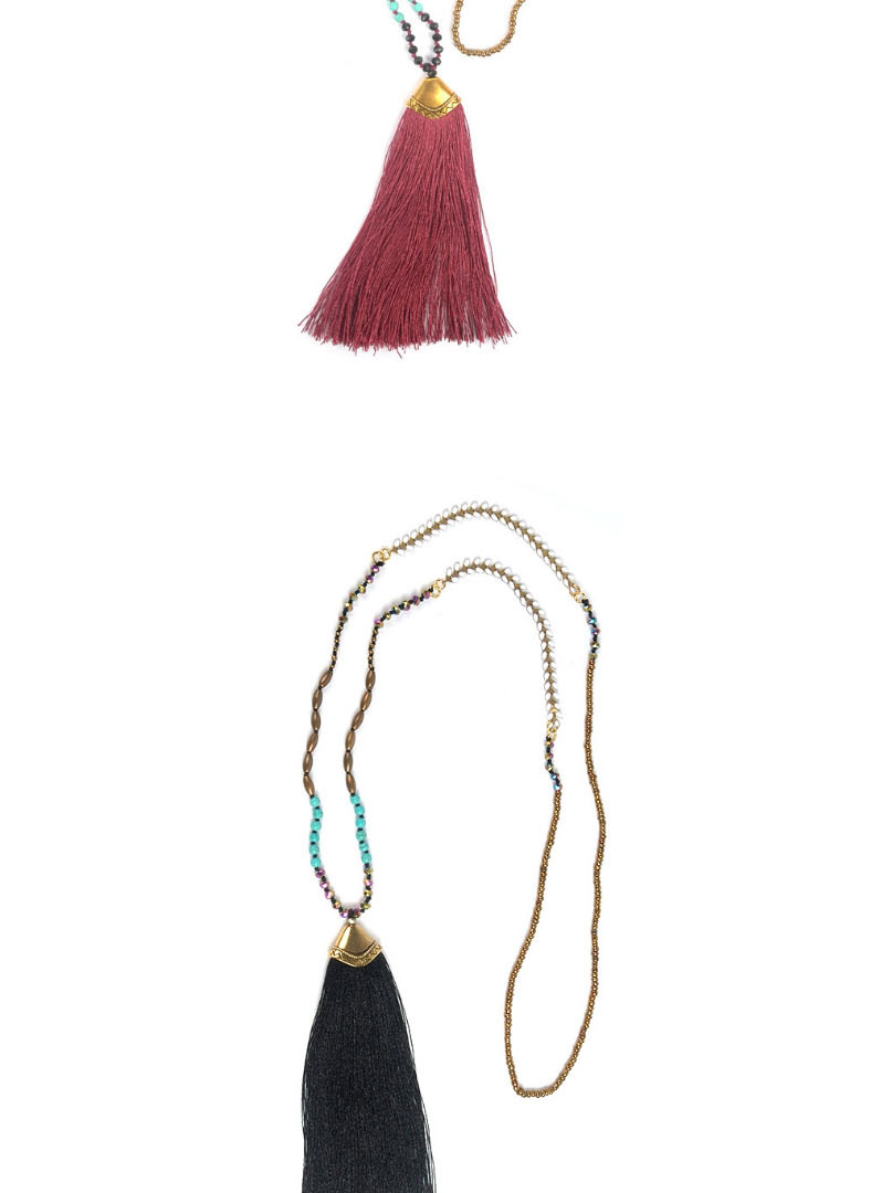 Fashion Maroon Tassel Crystal Handmade Beaded Long Necklace,Beaded Necklaces