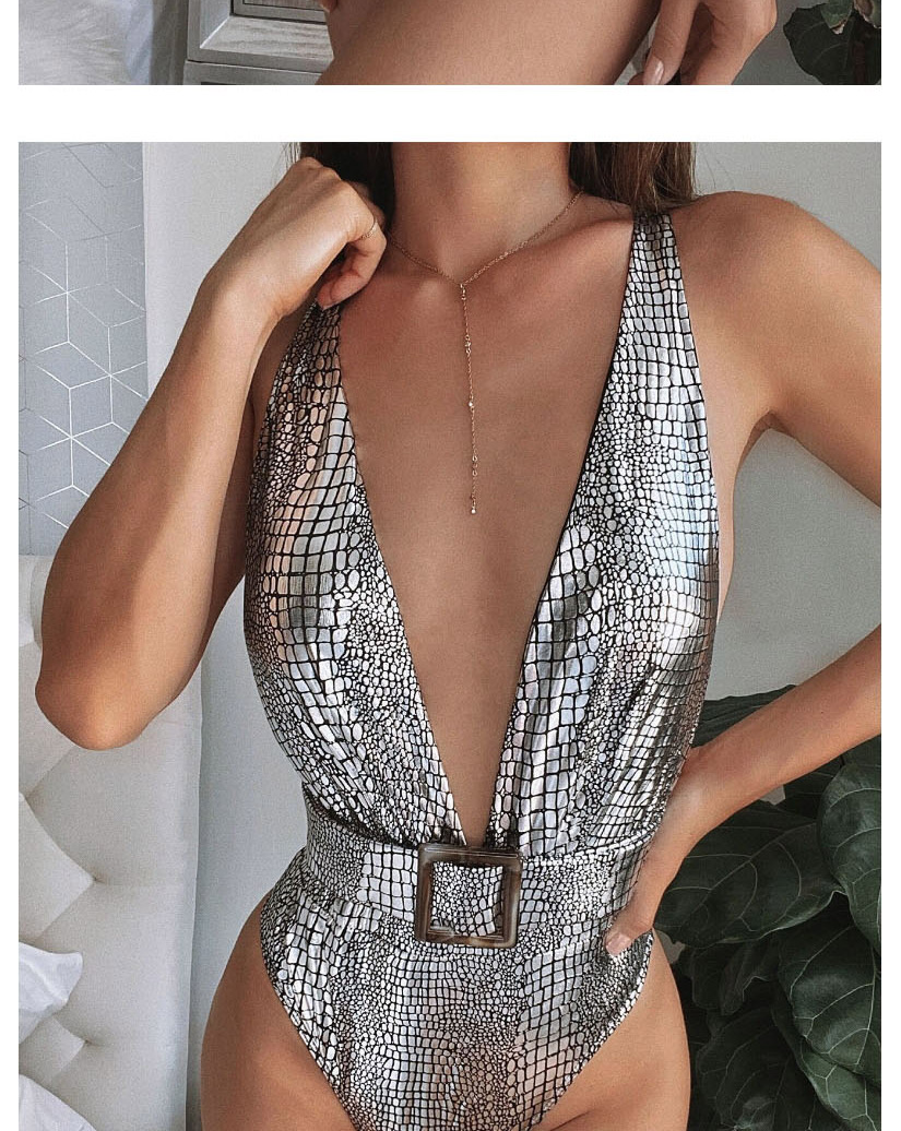 Fashion Silver Snake-print Belt Buckle Deep B-neck One-piece Swimsuit,One Pieces