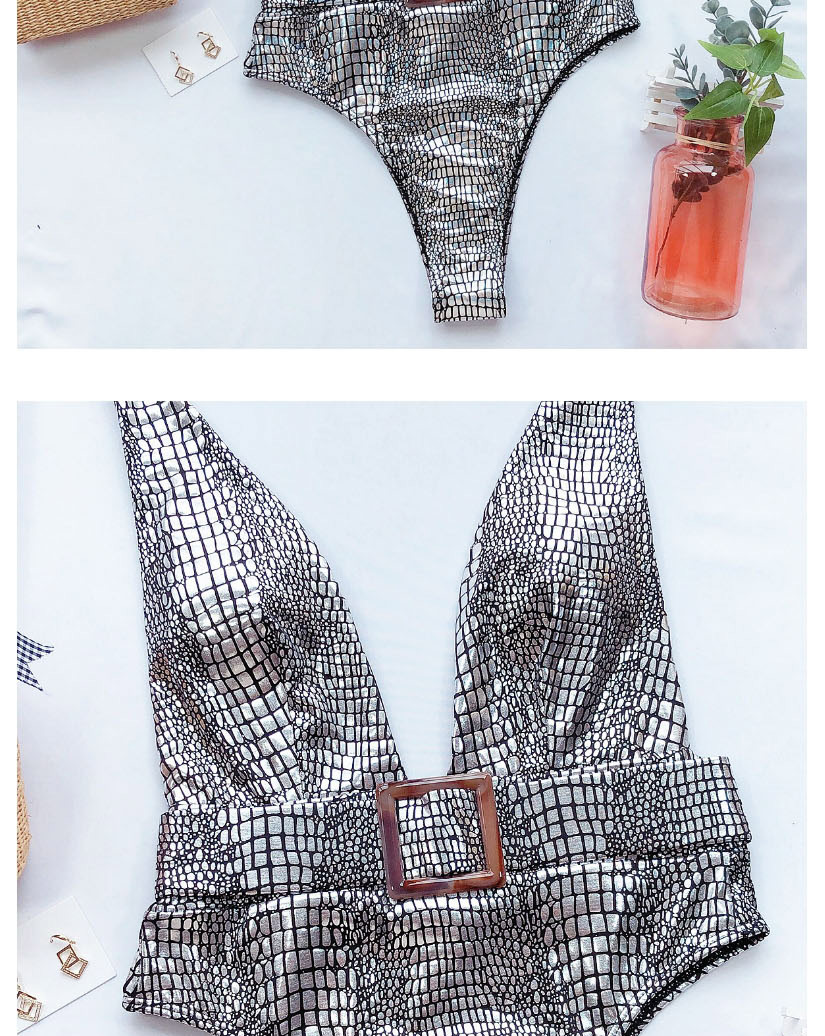 Fashion Silver Snake-print Belt Buckle Deep B-neck One-piece Swimsuit,One Pieces
