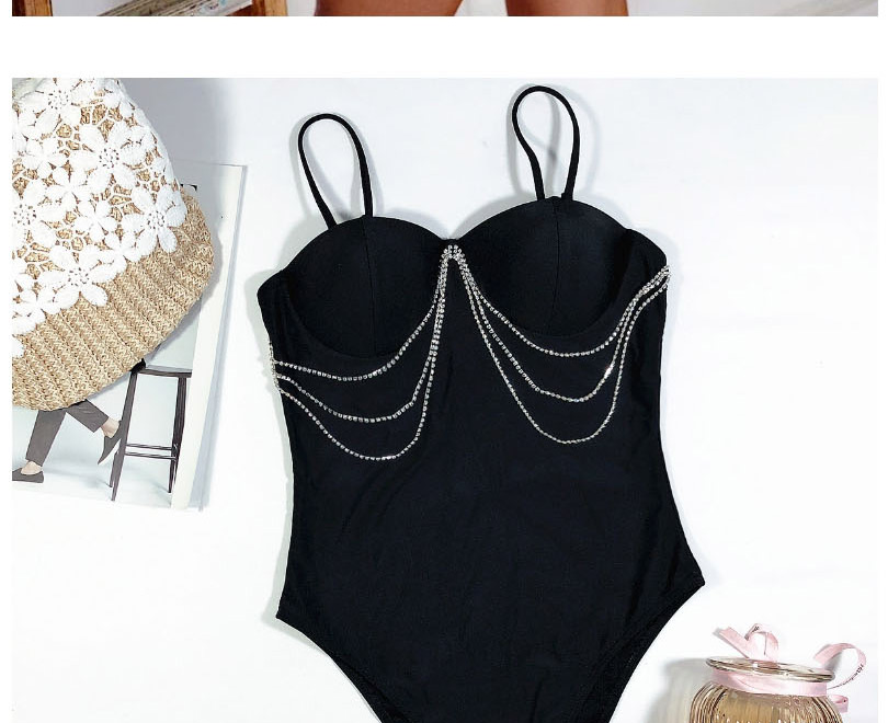 Fashion Black Diamond Swimsuit With Chain Strap,One Pieces