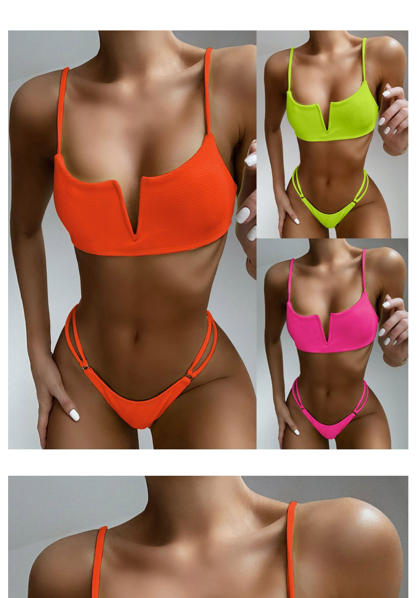Fashion Orange Solid Color Hollow Hollow Low Waist Deep V-neck Split Swimsuit,Bikini Sets