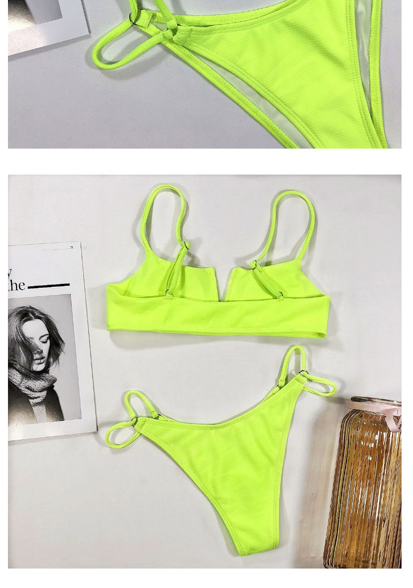 Fashion Fluorescent Yellow Solid Color Hollow Hollow Low Waist Deep V-neck Split Swimsuit,Bikini Sets