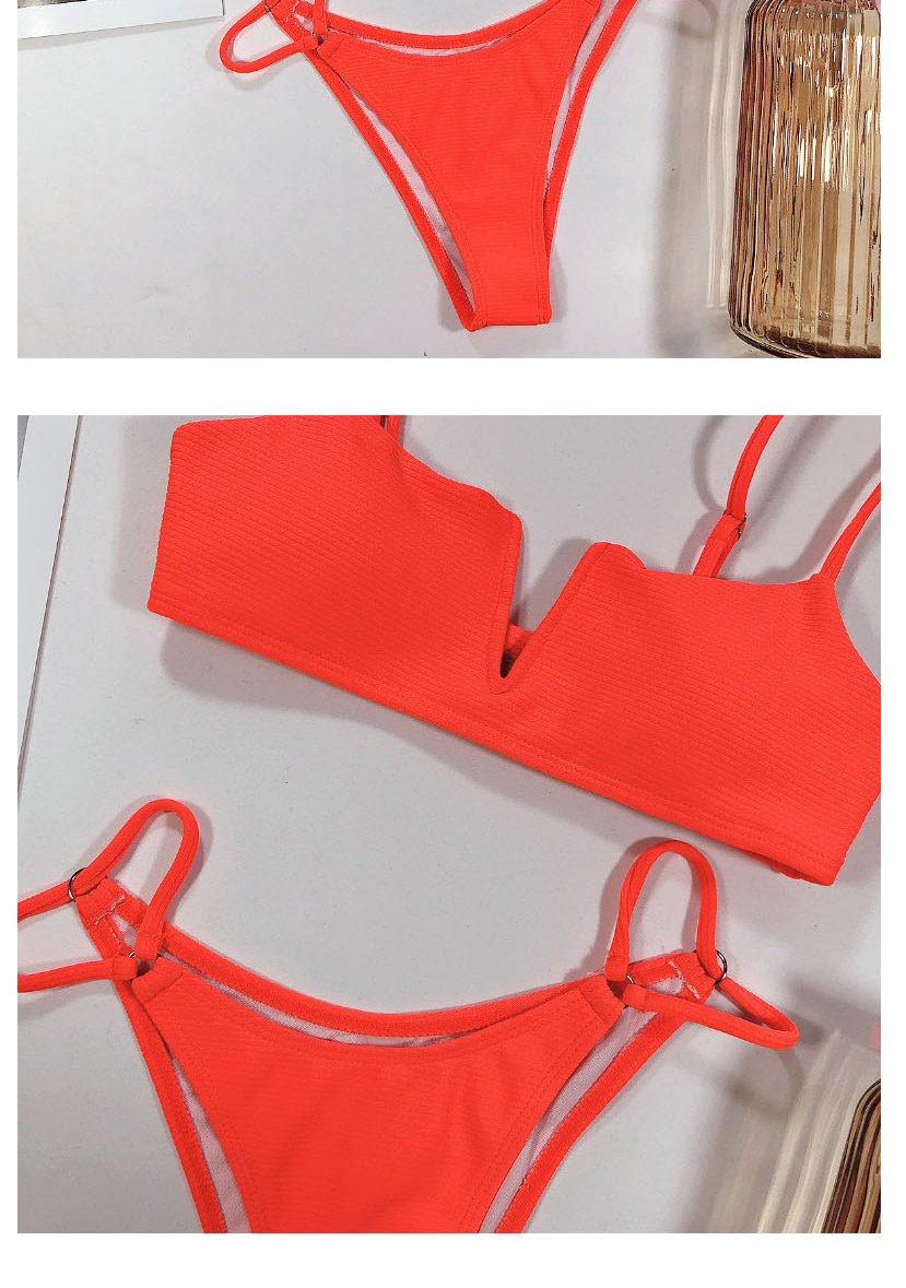 Fashion Red Solid Color Hollow Hollow Low Waist Deep V-neck Split Swimsuit,Bikini Sets