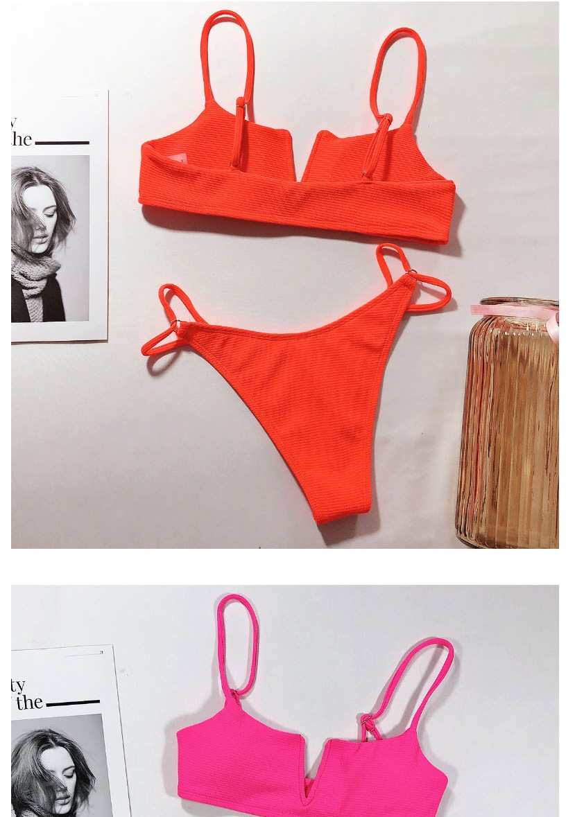 Fashion Red Solid Color Hollow Hollow Low Waist Deep V-neck Split Swimsuit,Bikini Sets